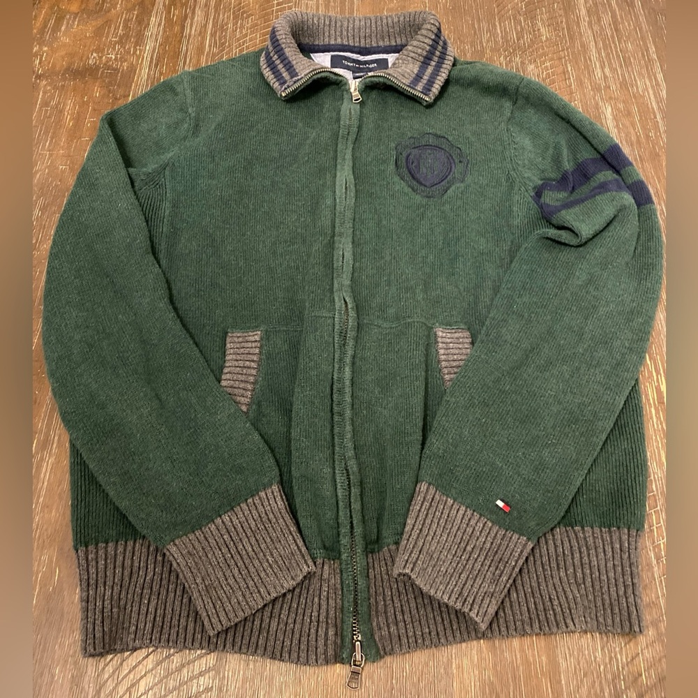 Tommy Hilfiger Sweater Mens Medium Green Blue Lion Crest Logo Full Zip